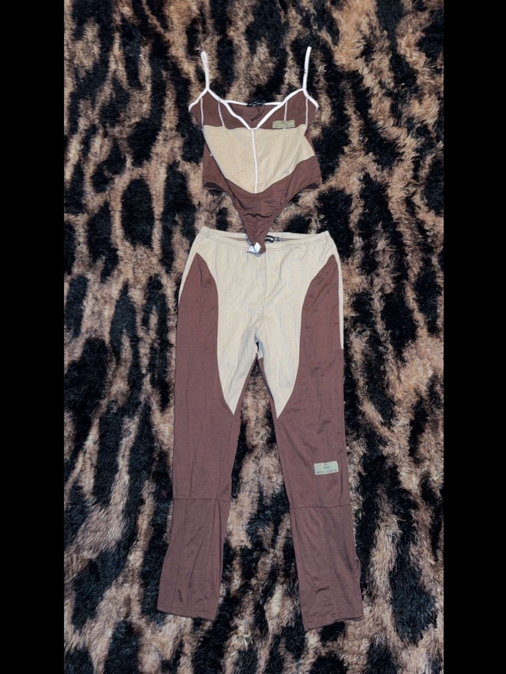 PrettyLittleThing Brown & Cream Two-Piece Ribbed Bodysuit Set